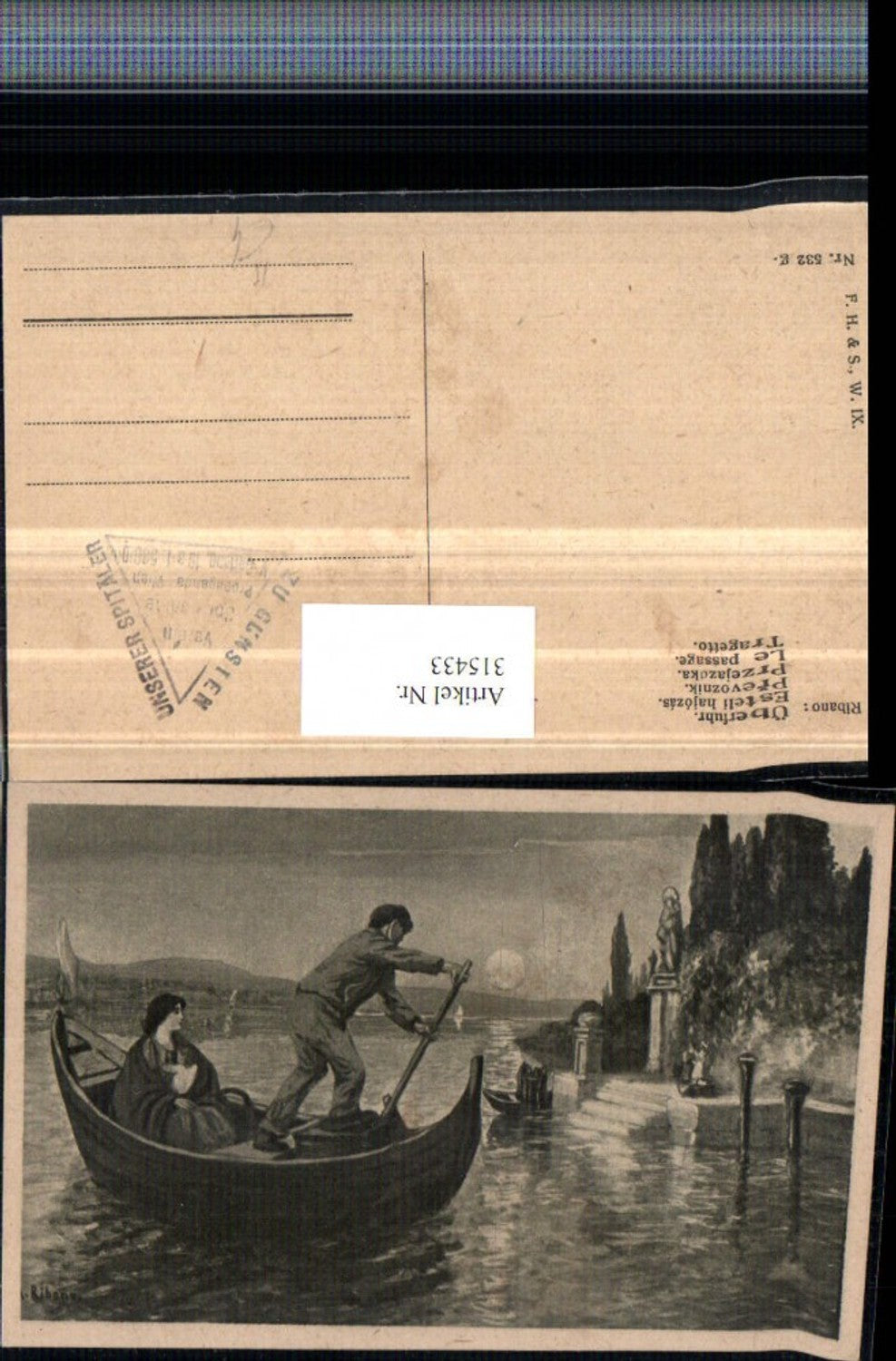 315433,Künstler AK A. Ribano Überfuhr Gondel Mondschein Statue