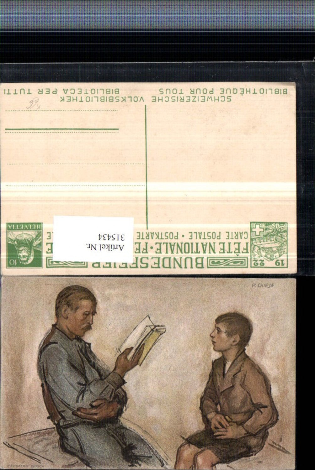 315434,Künstler AK P. Chiesa Mann liest lesen Buch Junge hört zu