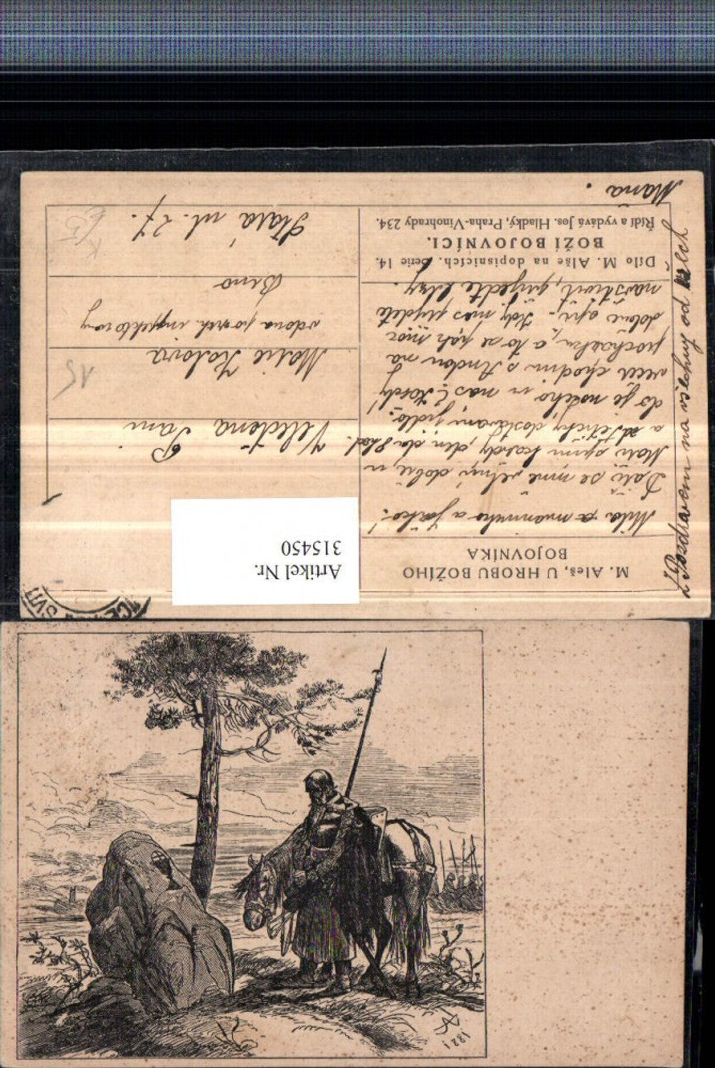 315450, Artist AK M. Alex U Hrobu Boziho Bojovnika Man Knight Horse Stone
