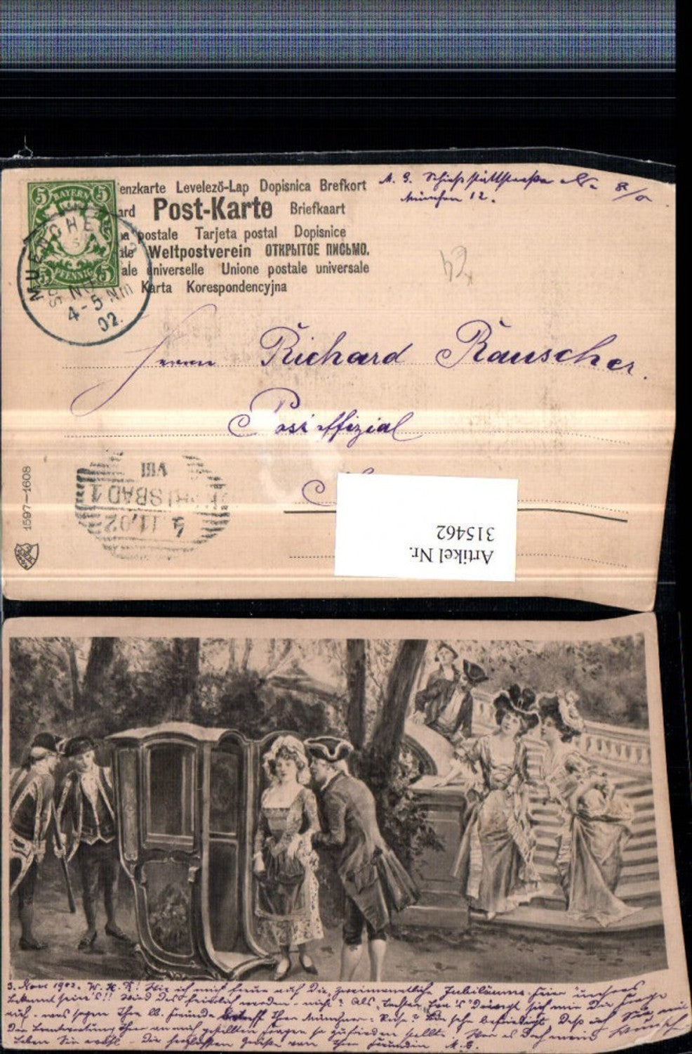 315462,Künstler AK Frauen m. Kleider Hüten Sänfte Männer m. Hüten