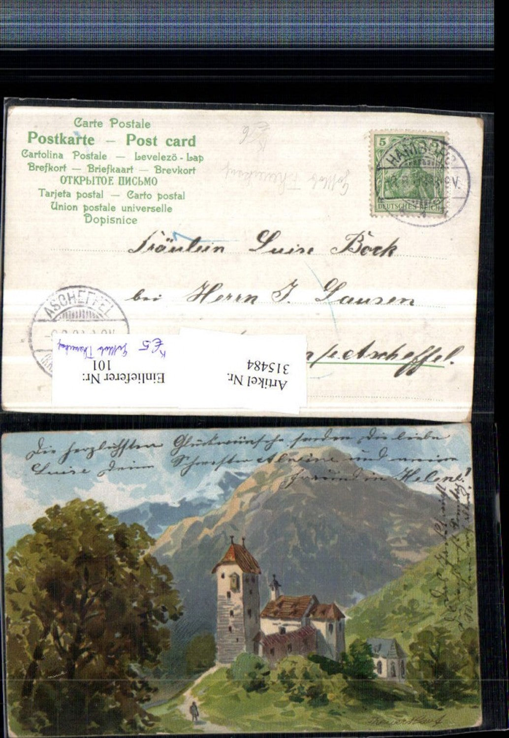 315484,Künstler AK Gottlob Theuerkauf Kirche Turm Bergkulisse