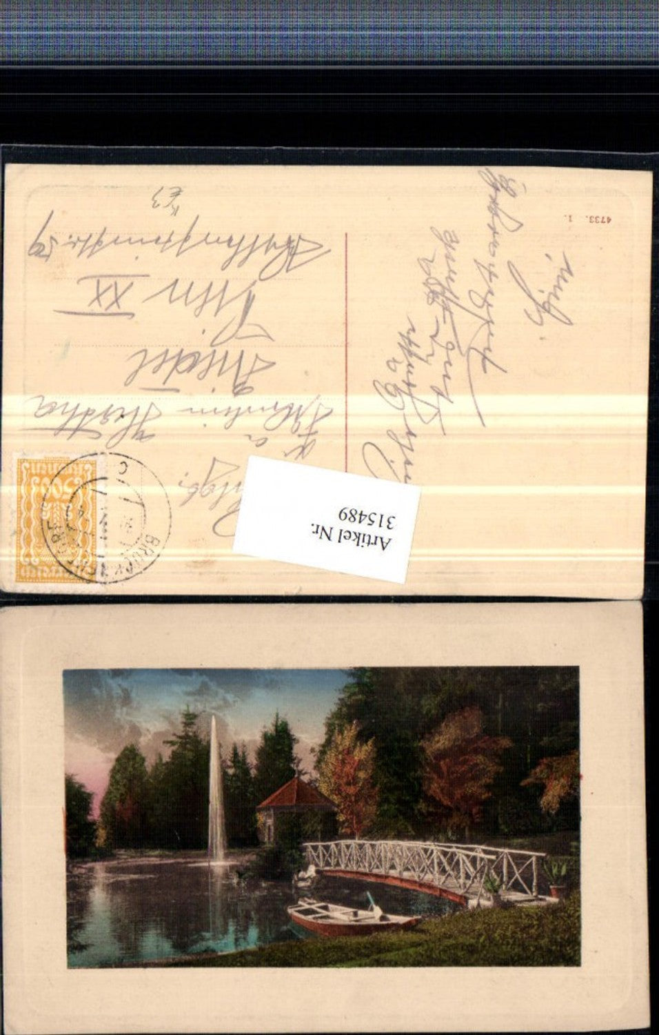 315489,Künstler AK Brücke Teich Fontäne Pavillon Boot Präge Passepartout