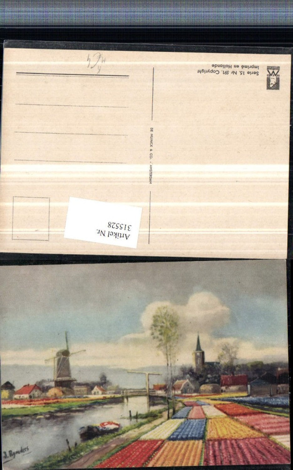 315528,Künstler AK J. Rynders Holland Tulpenfelder Windmühle Kirche