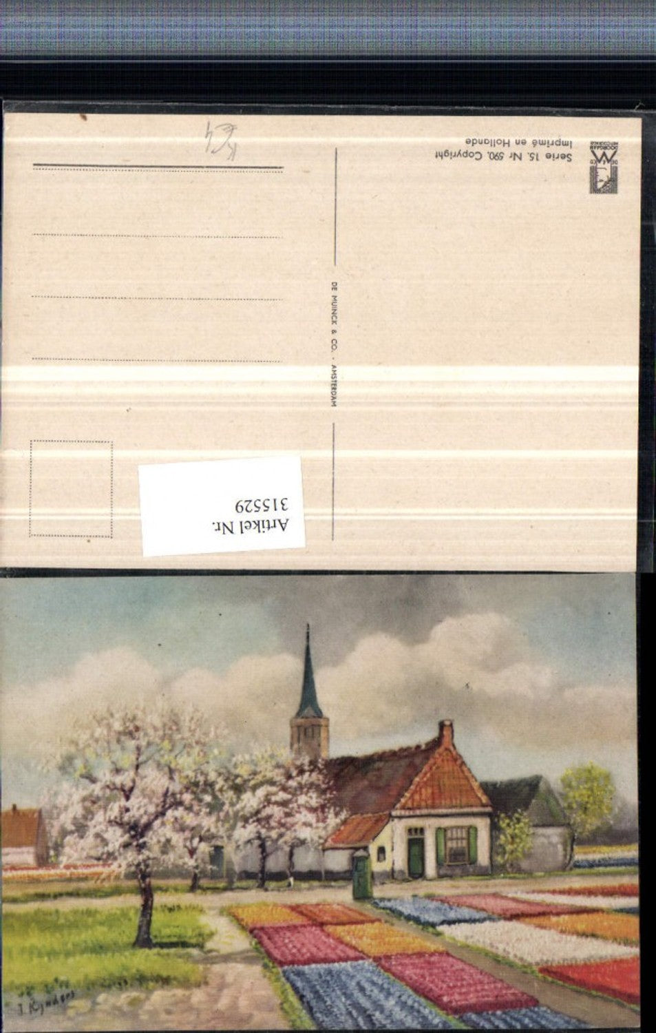 315529,Künstler AK J. Rynders Holland Tulpenfelder Kirche Baumblüte