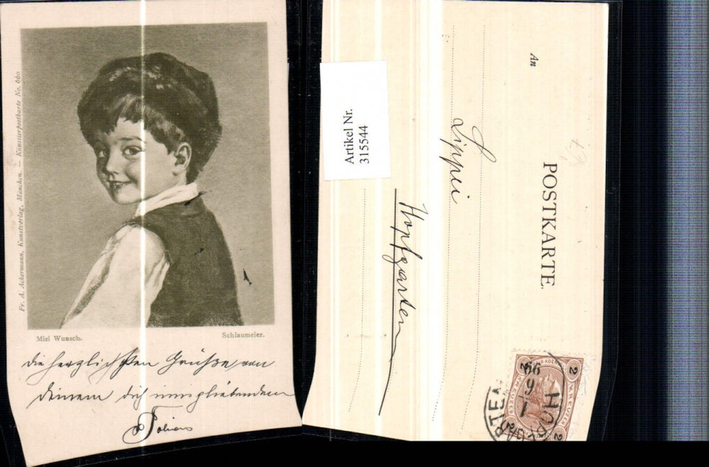 315544,Künstler AK Mizi Wunsch Schlaumeier Junge m. Haube Portrait pub A. Ackermann 660
