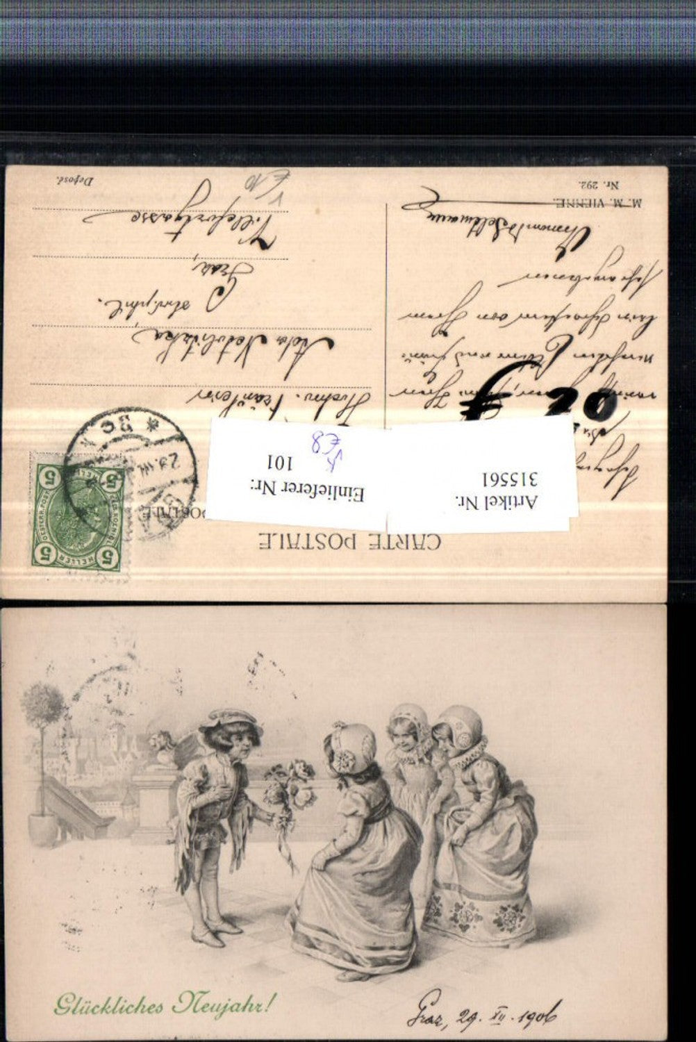 315561,M. Munk Vienne 292 Künstlerkarte Neujahr Junge m. Hut Rosen Mädchen m. Kleider