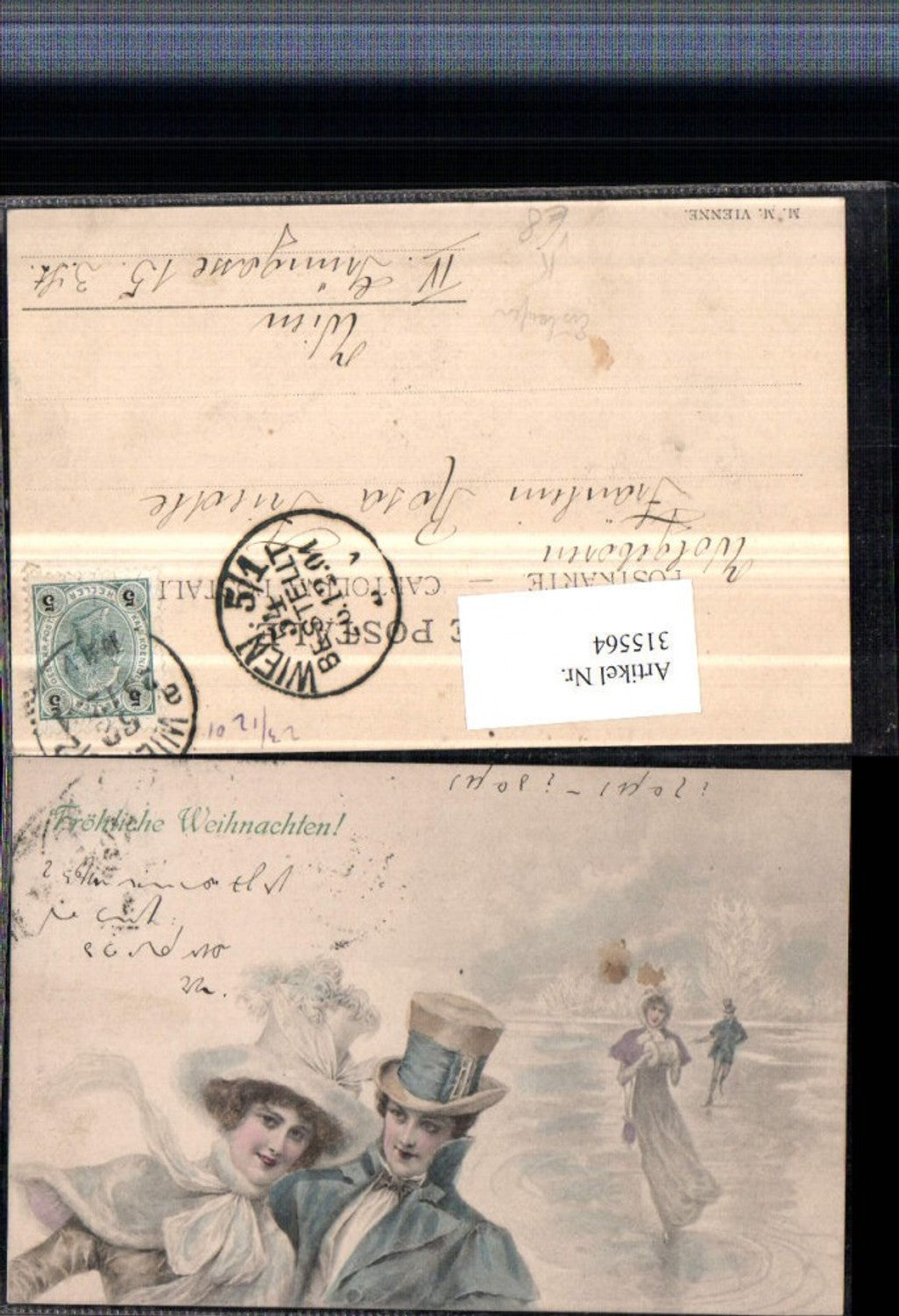 315564,M. Munk Vienne Künstlerkarte Weihnachten Liebespaar m. Hüten b. Eislaufen Schlittschuhlaufen