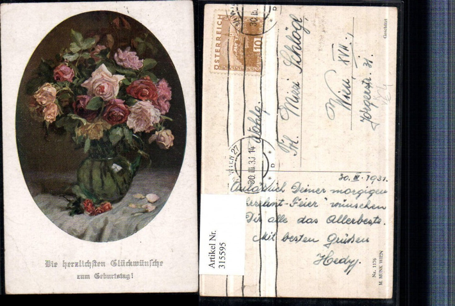 315595,M. Munk Vienne 1176 Künstlerkarte Geburtstag Rosenstrauß Rosen Vase