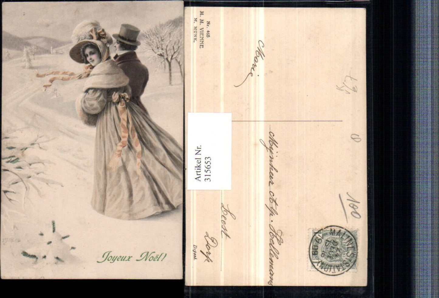 315653,M. Munk Vienne 465 Künstler J. Streyc Winterlandschaft Liebespaar Frau m. Hut Muff