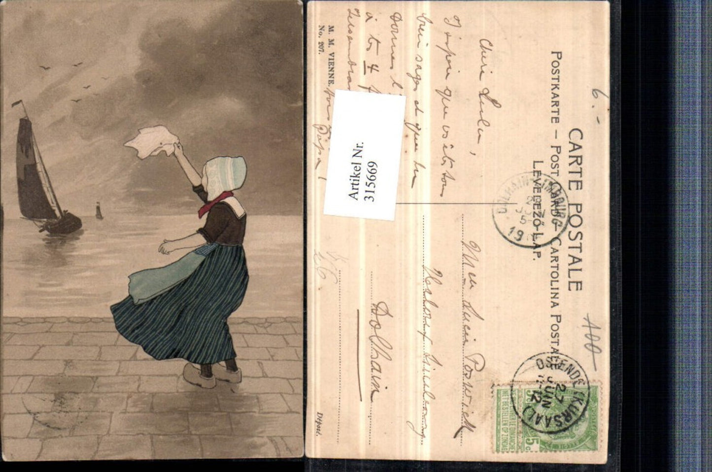 315669,M. Munk Vienne 207 Künstlerkarte Holland Frau m. Haube Pantoffeln Segelboot