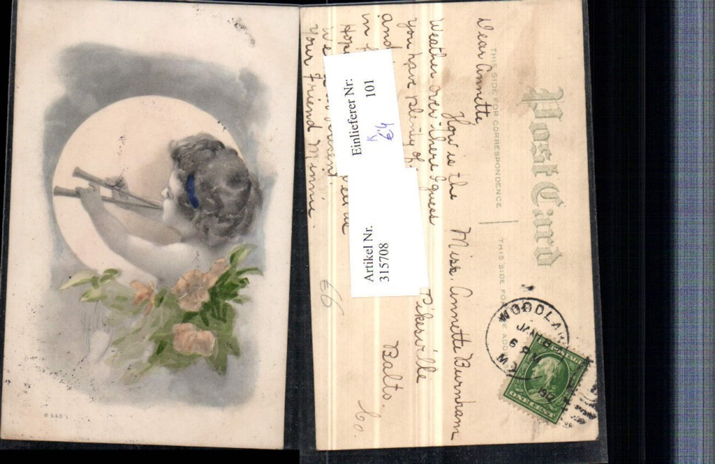 315708,Künstler AK Kind Flöte Doppelflöte Blumen