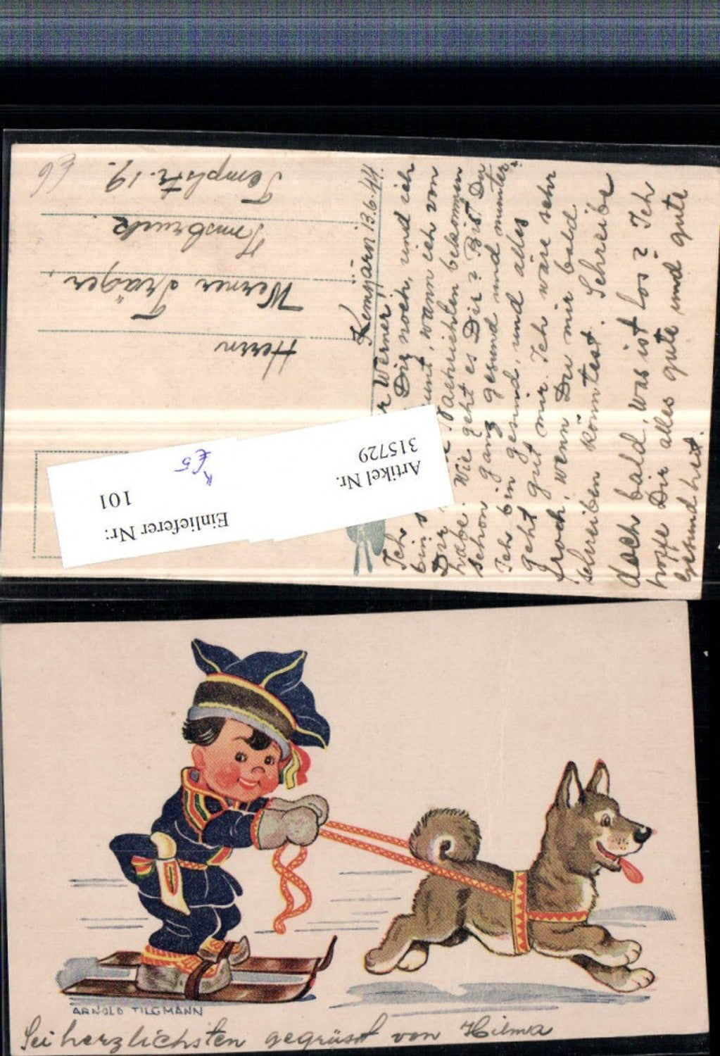 315729,Künstler AK Arnold Tilgmann Kind auf Ski Hund zieht