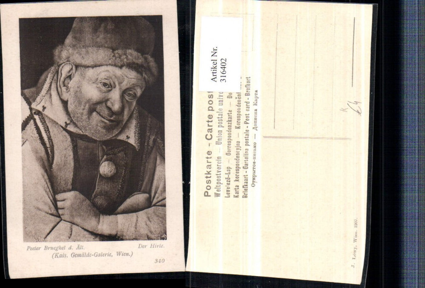 316402,Künstler AK Pieter Bruegel der Ältere Der Hirte Mann m. Hut Portrait
