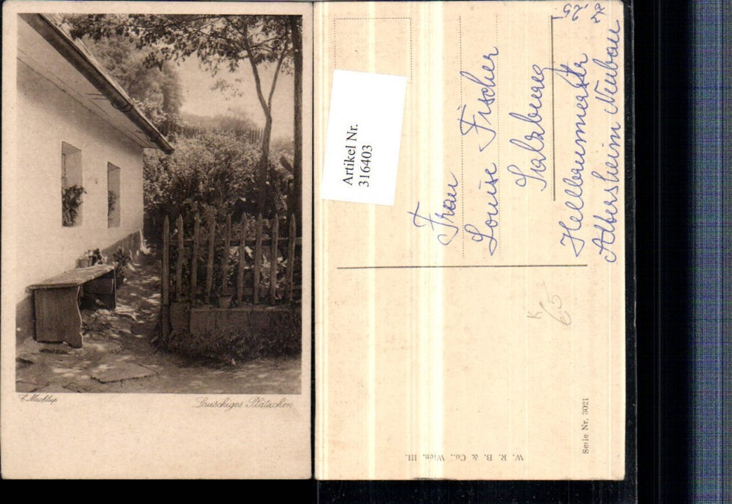 316403,Künstler AK C. Machlup Lauschiges Plätzchen Haus Sitzbank Zaun