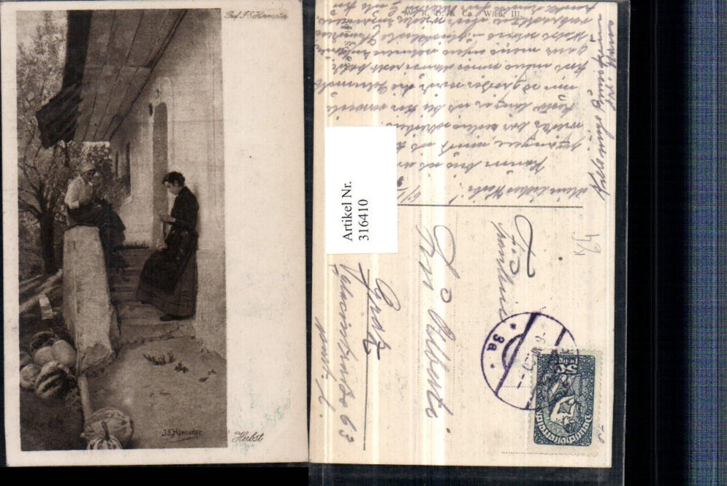 316410,Künstler AK J. E. Hörwarter Herbst Frauen b. Stricken Stiege Kürbisse