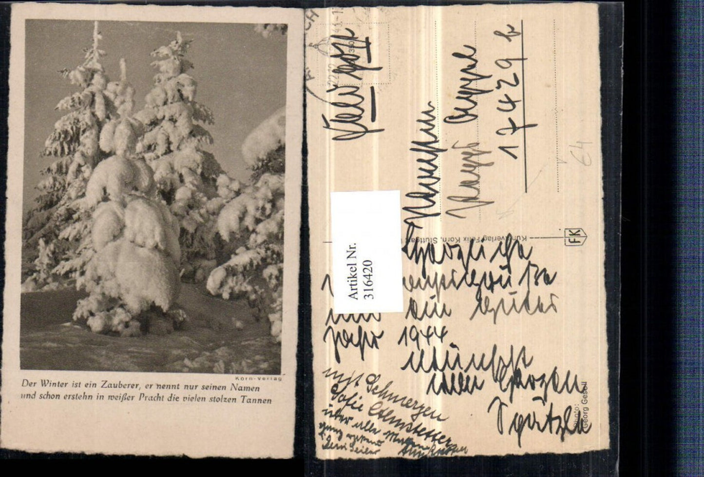 316420,Künstler AK Georg Gesell Wald Bäume Winterbild Spruch Text pub Felix Korn 1839