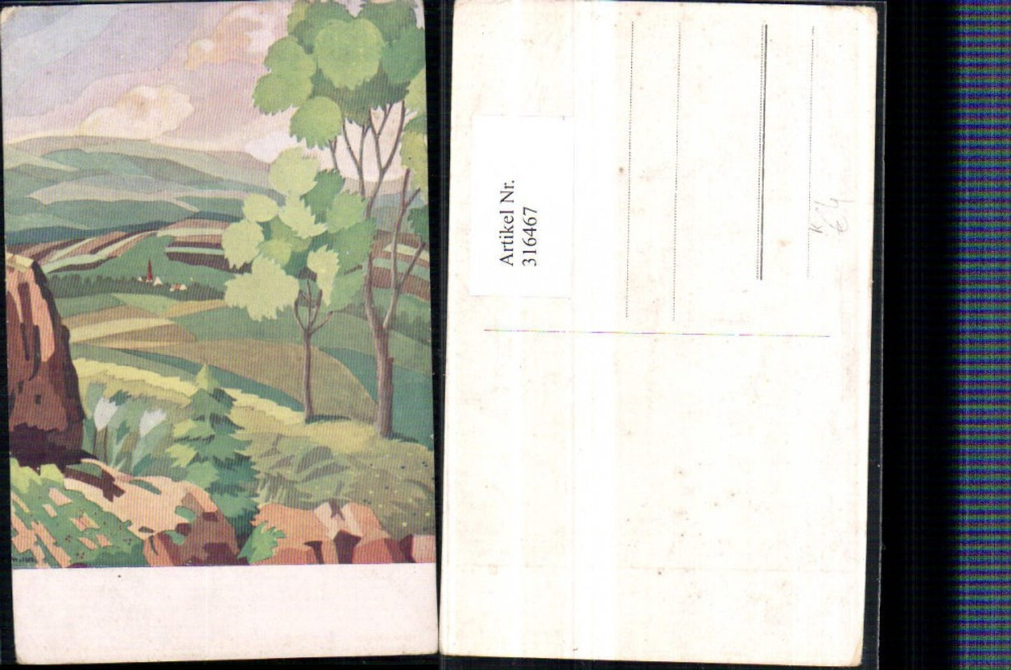 316467,Künstler AK Landschaft Blick zum Dorf Bäume