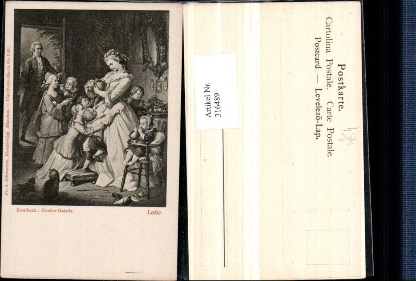 316489,Künstler AK Kaulbach Lotte Frau m. Kleid Kinder Katze pub A. Ackermann 1182