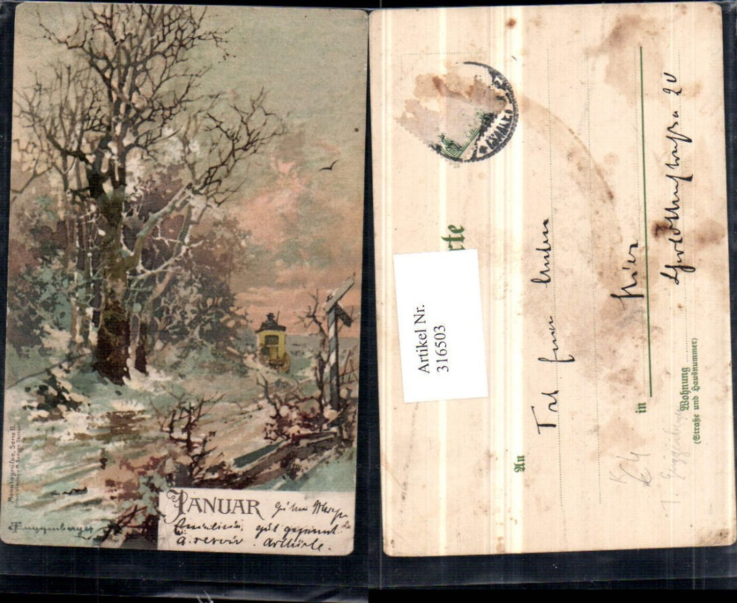 316503,Künstler AK T. Guggenberger Januar Winterlandschaft Wald Postkutsche