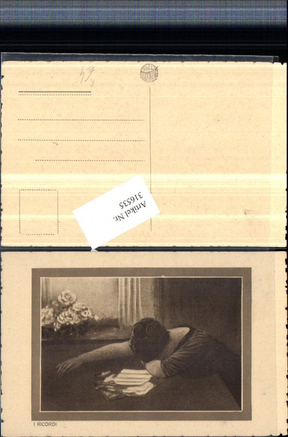 316535,Künstler AK I. Ricordi Frau weint Zettel Blumen