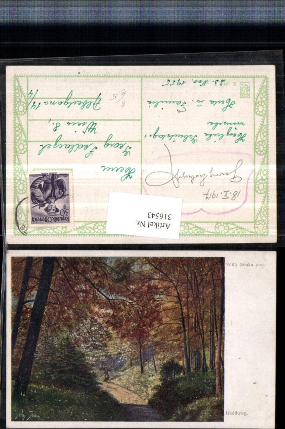 316543,Künstler AK Willy Straka Waldweg Wegpartie Wald