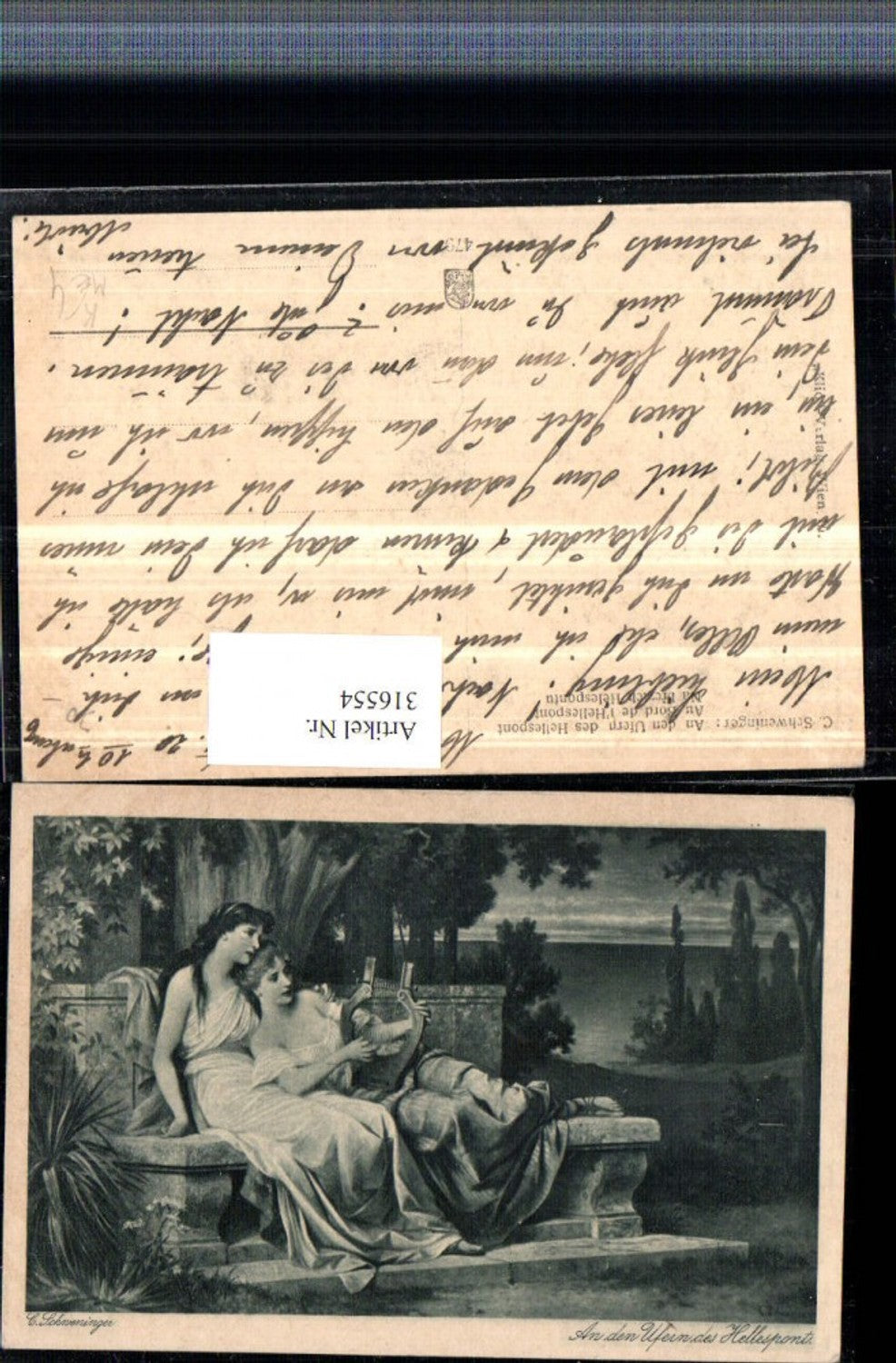 316554,Künstler AK C. Schweninger An d. Ufern des Hellespont Frauen Harfe