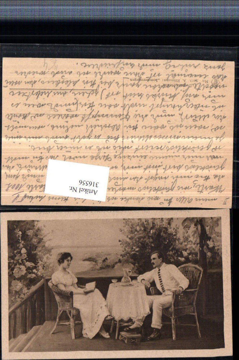 316556,Künstler AK A. Rittmann Sommermorgen Paar b. Tisch Stühle Buch