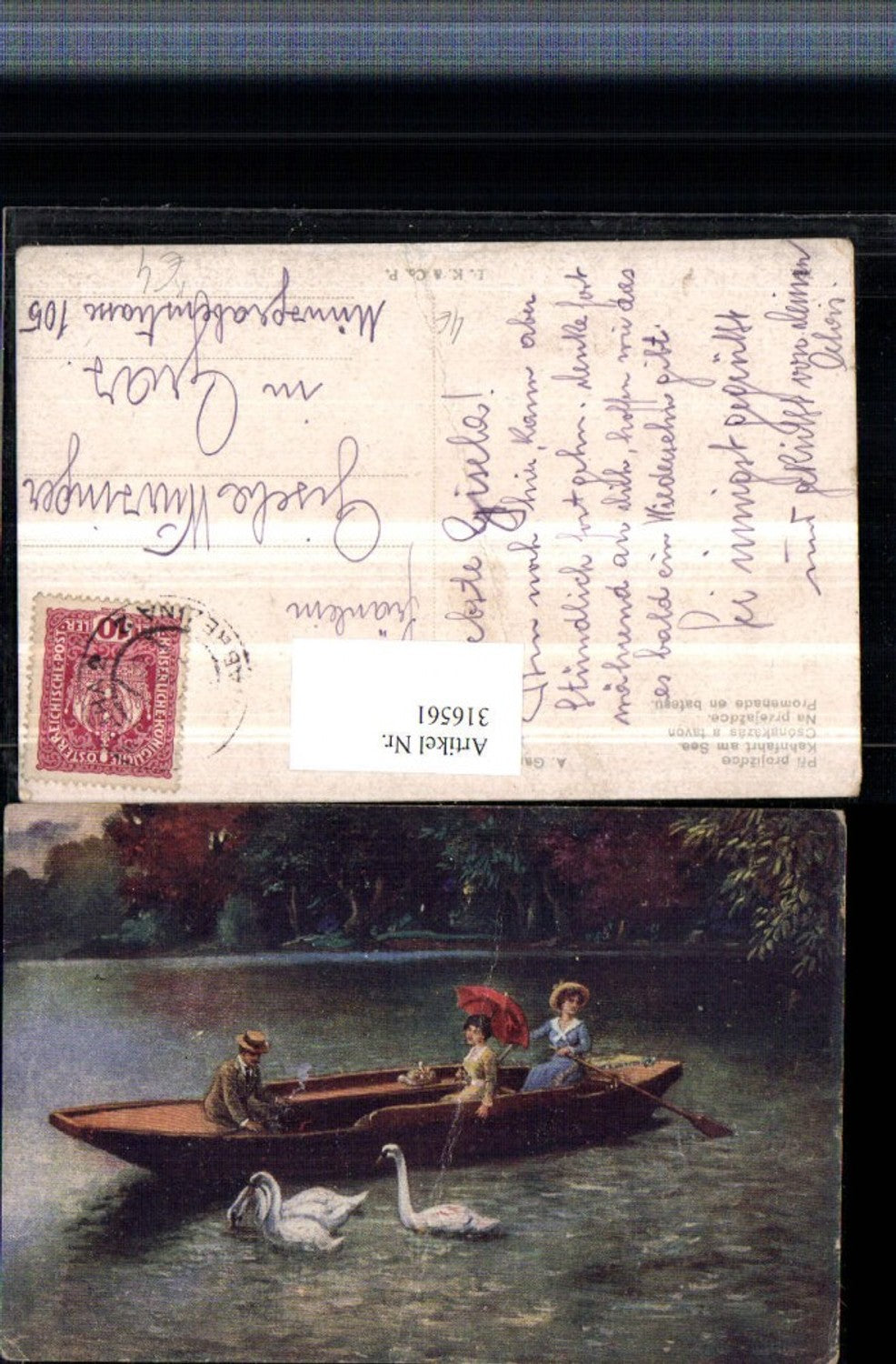 316561,Künstler AK A. Gareis Kahnfahrt am See Kahn Frau m. Schirm Schwäne