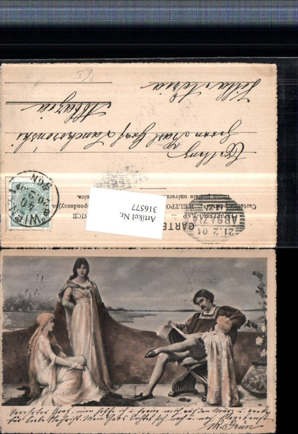 316577,Künstler AK Frauen m. Kleider Mann b. Lesen liest Stuhl Kind