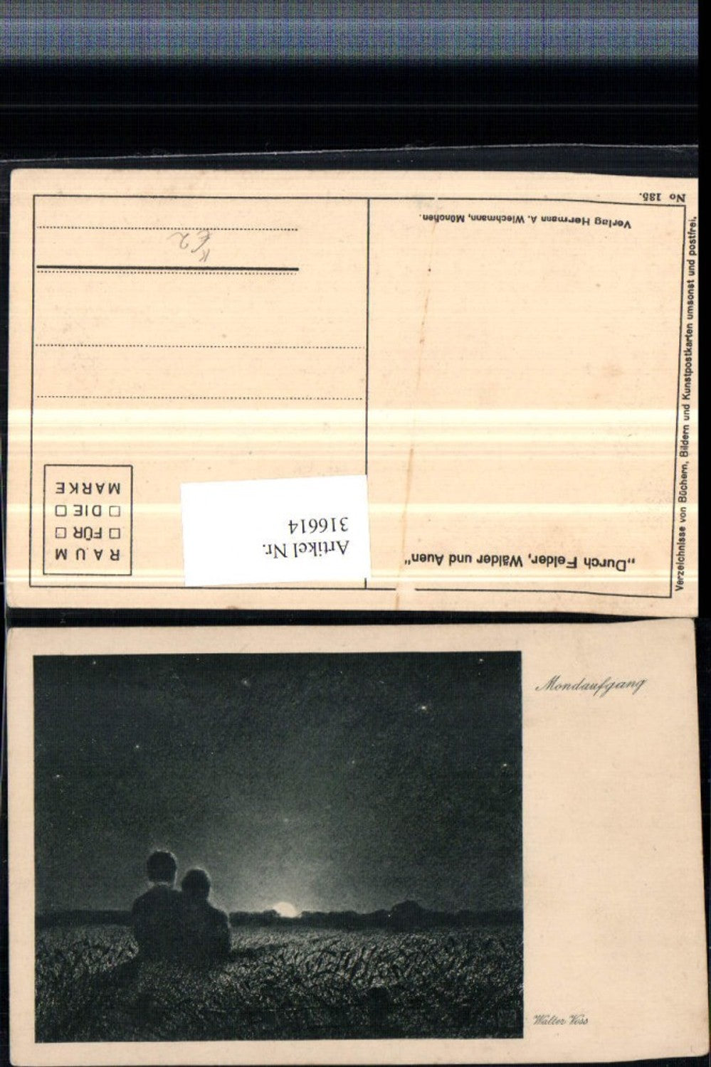316614,Künstler AK Walter Voss Mondaufgang Liebespaar Feld