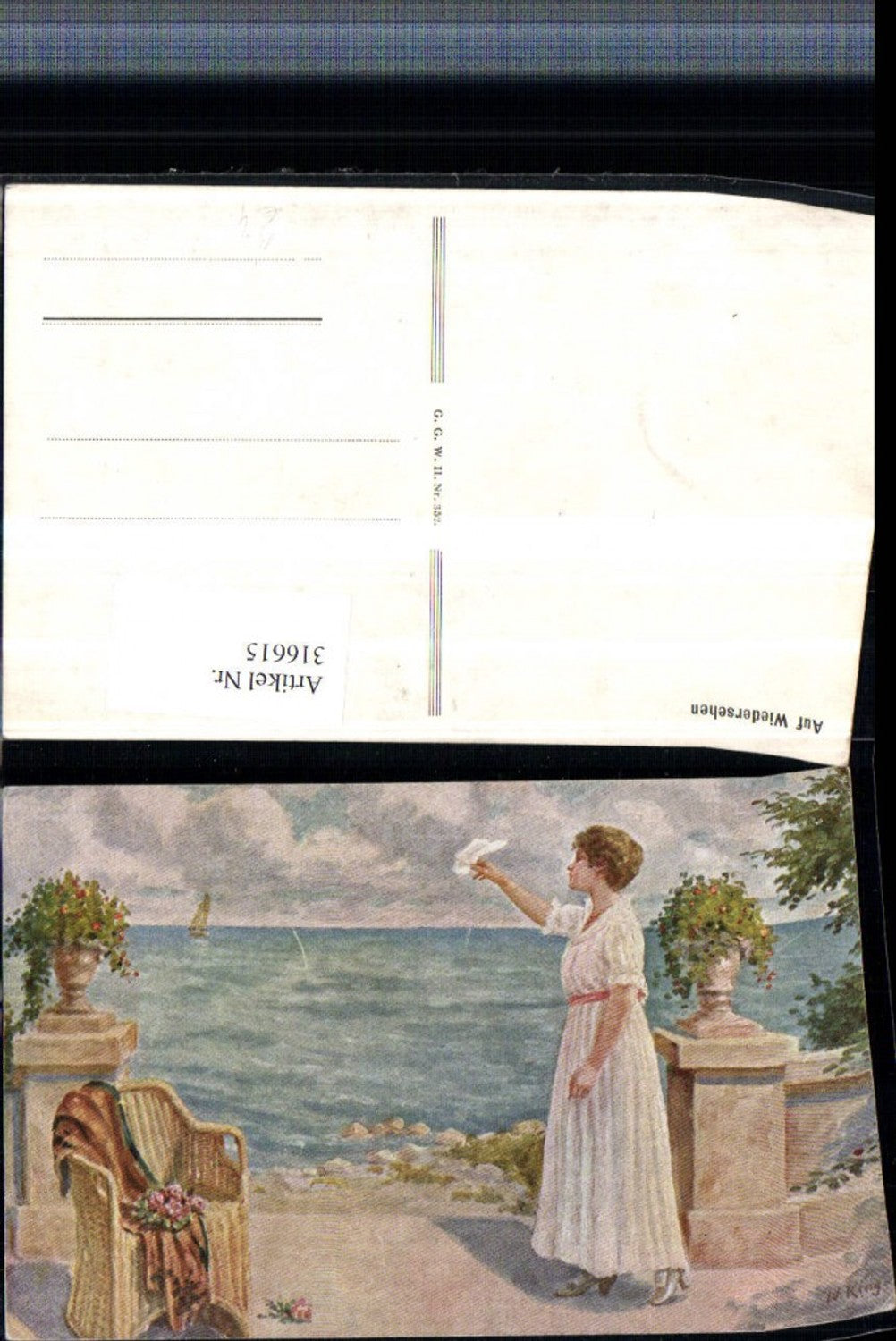316615,Künstler AK W. King Auf Wiedersehen Frau m. Kleid Tuch Stuhl
