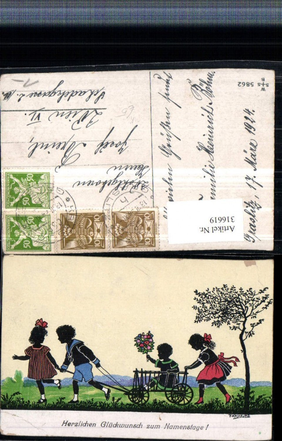 316619,Künstler AK F. Kaskeline Namenstag Kinder Leiterwagen Blumenstrauß