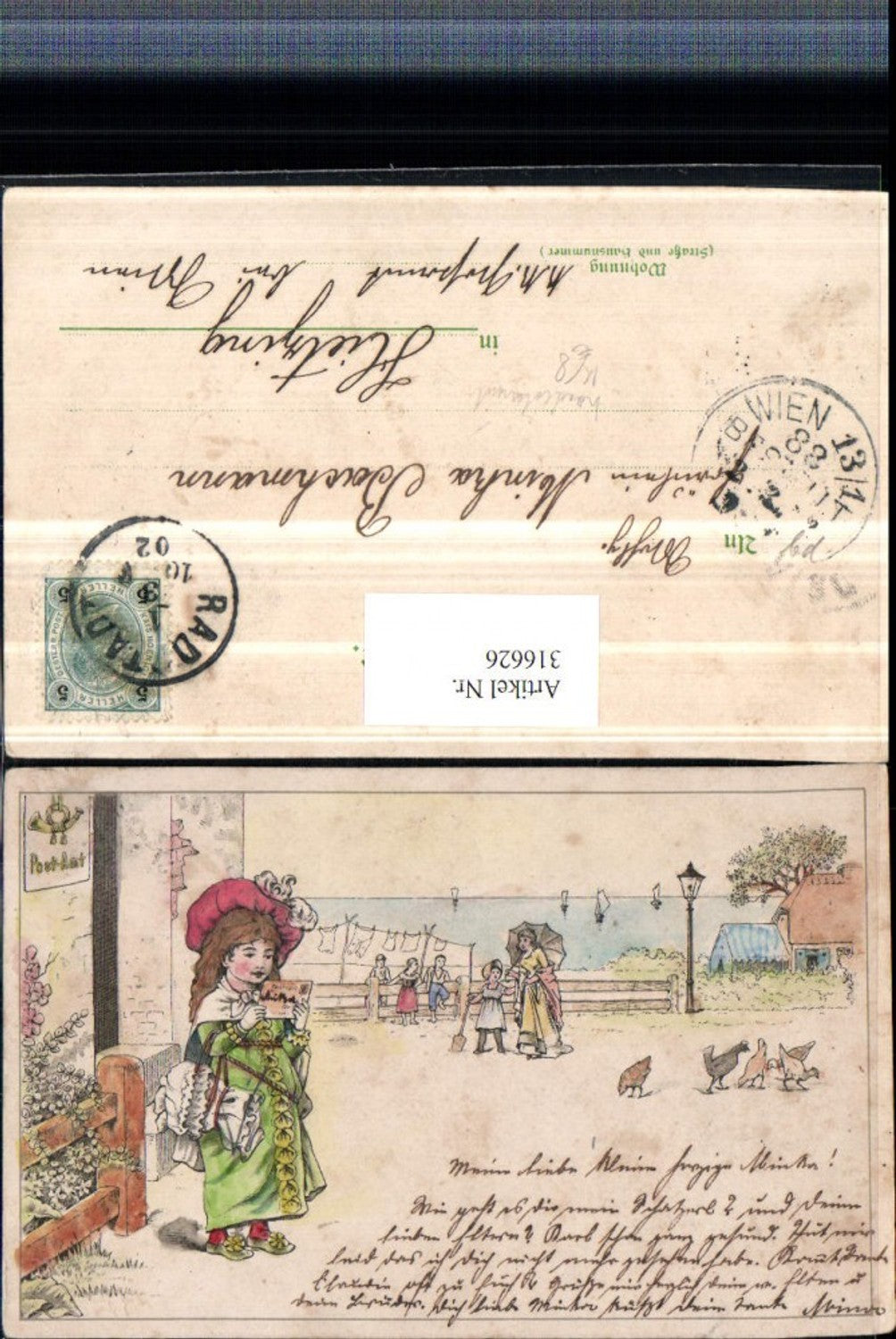 316626,Handkoloriert Postamt Mädchen m. Hut Brief Kinder Frau m. Schirm Hühner