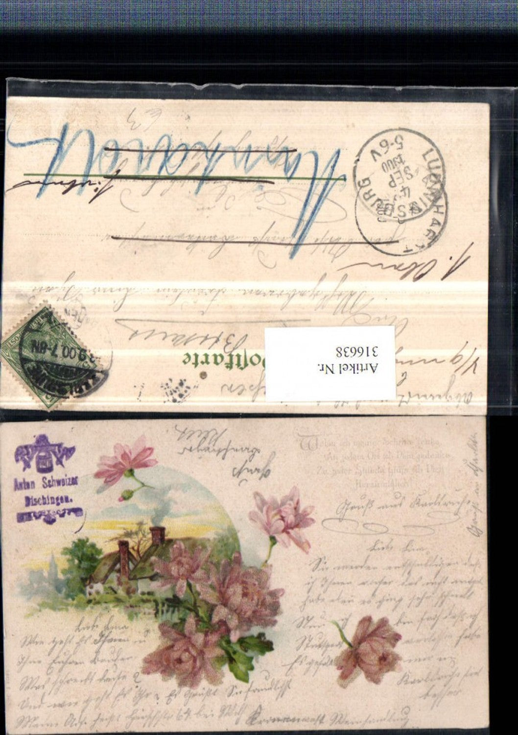 316638,Künstler AK Glitzer Häuser Rauchfang Blumen Spruch Text