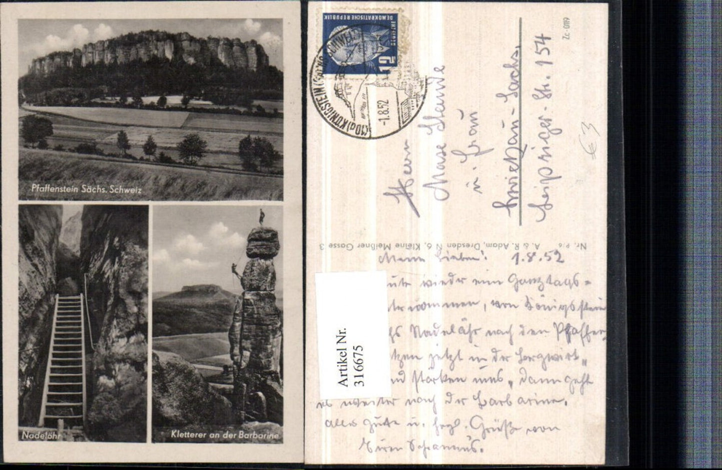 316675,Pfaffenstein b. Königstein Nadelöhr Kletterer an d. Barbarine Mehrbildkarte