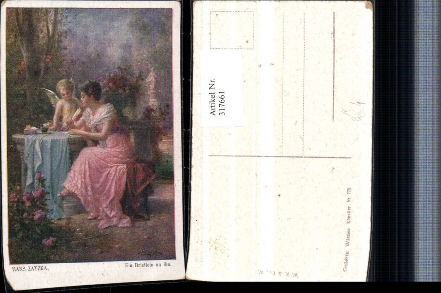 317661,Künstler AK Hans Zatzka Ein Brieflein an ihn Amor Engel Frau b. Schrieben Kleid