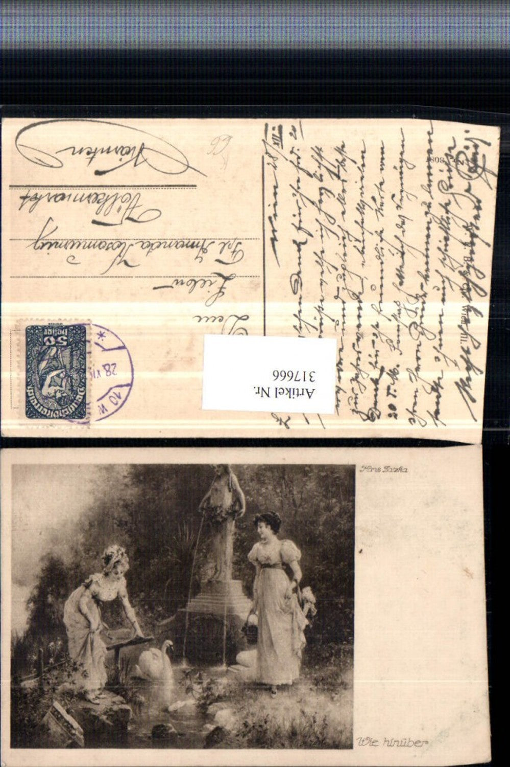 317666,Künstler AK Hans Zatzka Wie hinüber Frauen m. Kleider Schwan Brunnen
