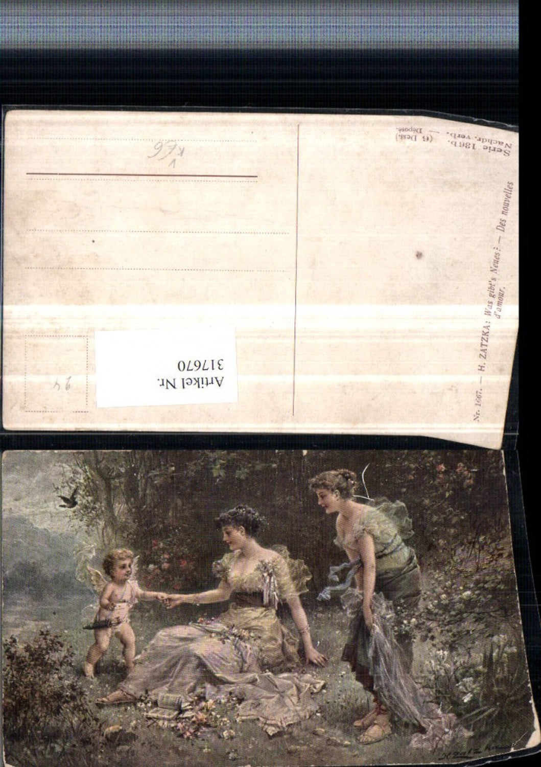 317670,Künstler AK Hans Zatzka Was gibt’s Neues Amor Engel Frauen Kleider pub Ackermann 1667