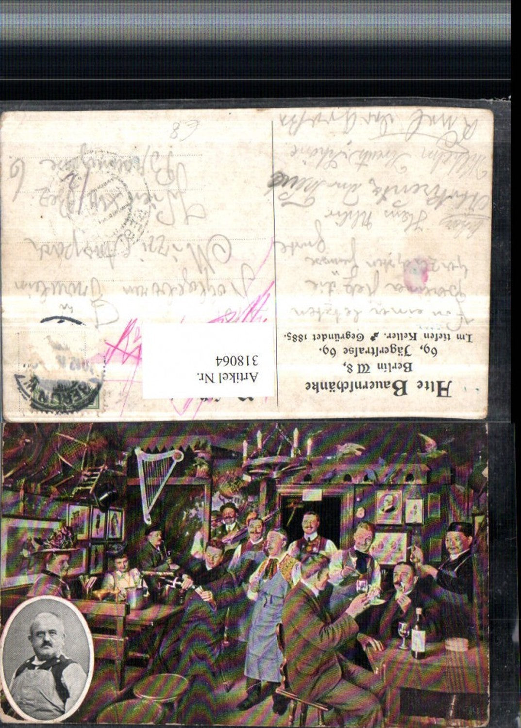 318064,Künstler AK Berlin Alte Bauernschänke Innenansicht Wein Mann Portrait