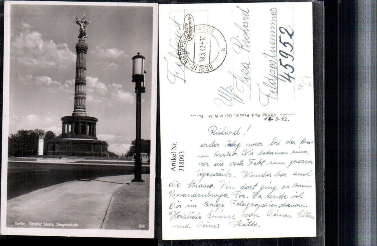 318093,Berlin Großer Stern Siegessäule Feldpost Nr. 45952