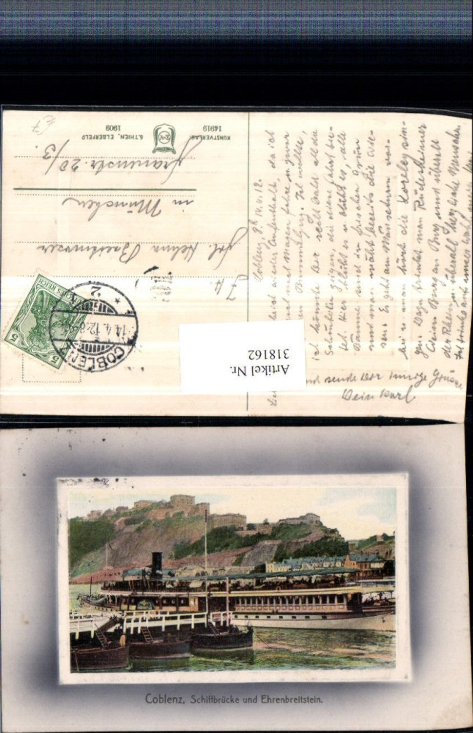 318162,Koblenz Schiffbrücke Dampfer u. Festung Ehrenbreitstein Präge Passepartout