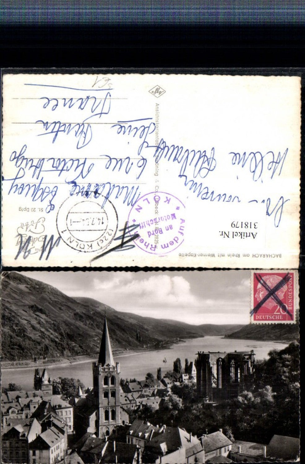 318179,Bacharach am Rhein m. Werner-Kapelle Kirche Motorschiff Köln Stempel