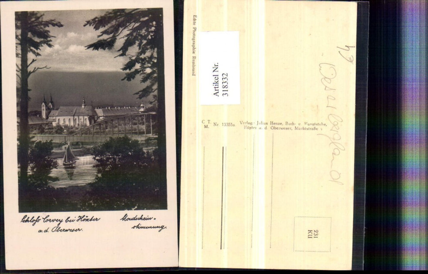 318332,Schloss Corvey b. Höxter an d. Oberweser Mondscheinstimmung Brücke