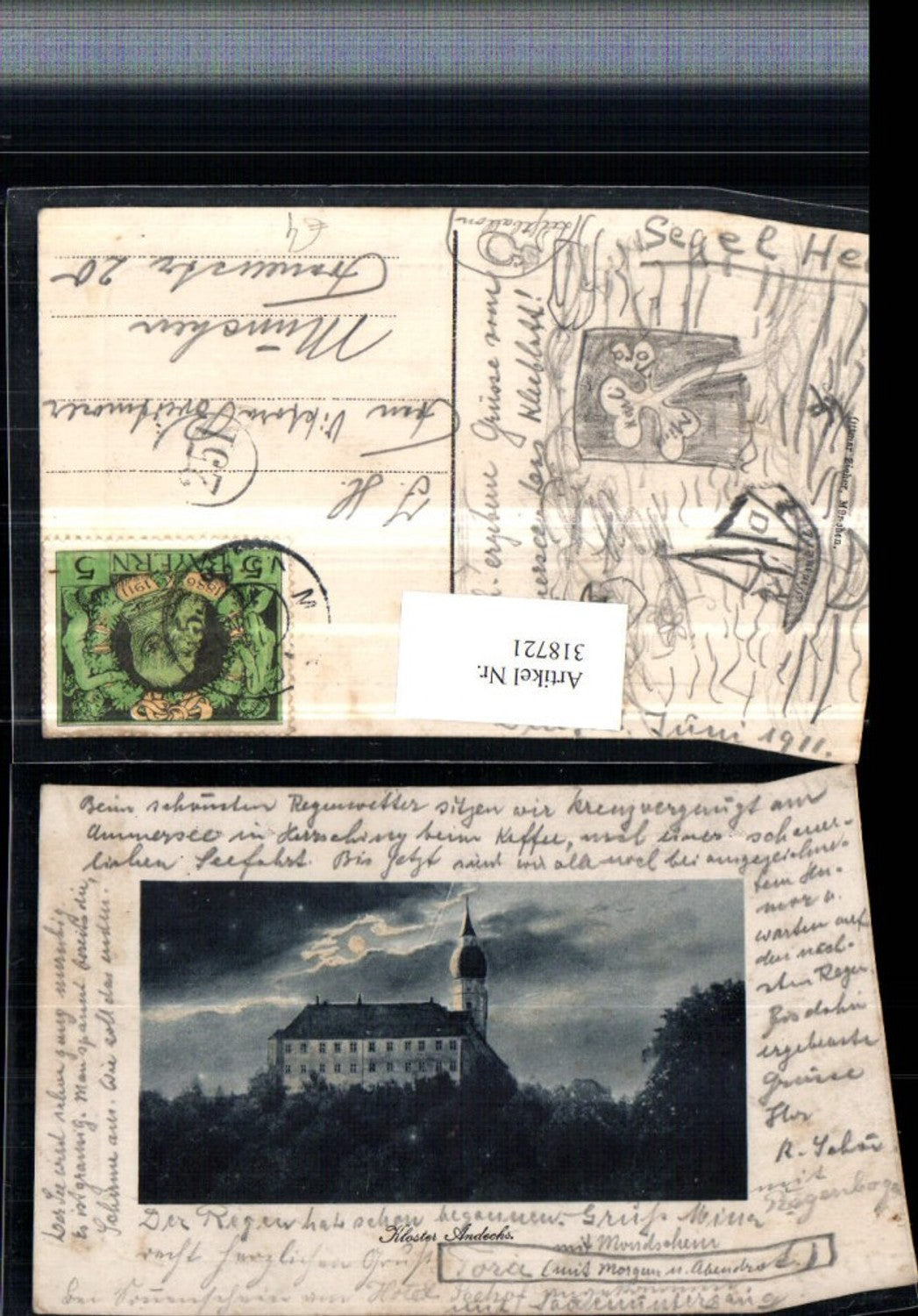 318721,Kloster Andechs Mondschein Präge Passepartout