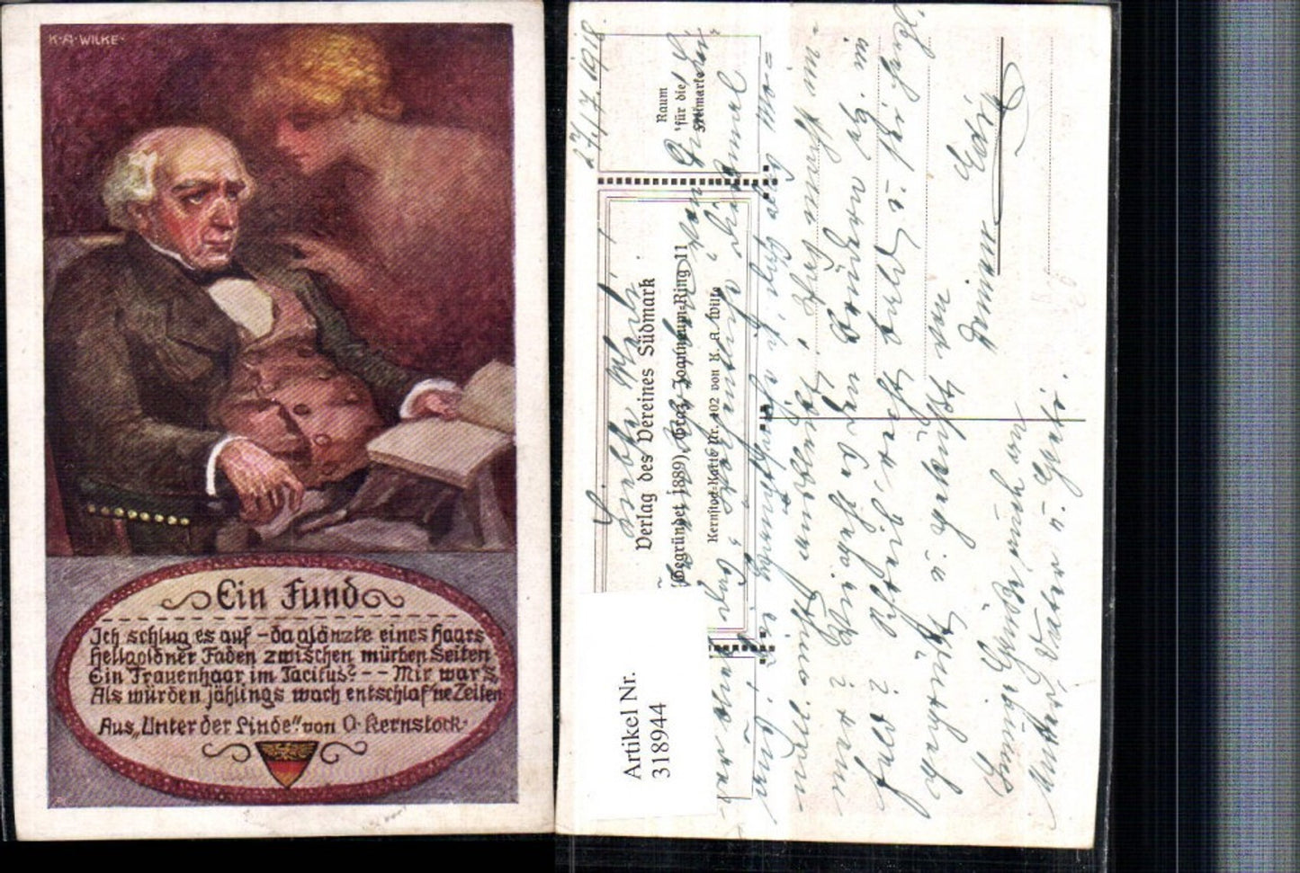 318944,Verein Südmark 102 Künstler K. A. Wilke Ein Fund Mann b. Lesen Buch Frauengeist Spruch