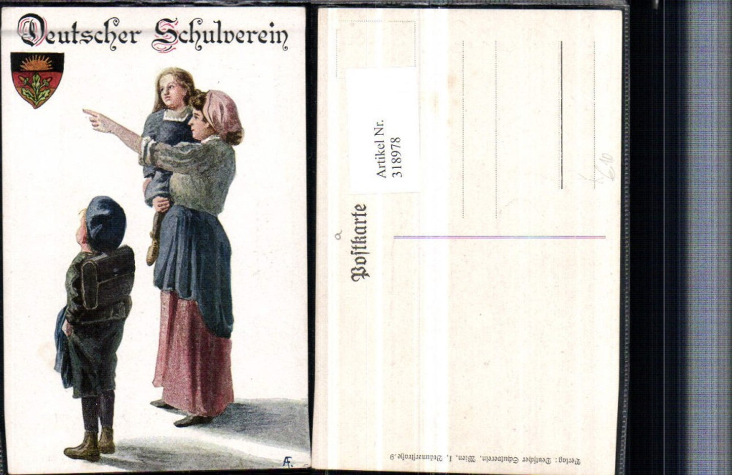 318978,Deutscher Schulverein Künstlerkarte Frau Mutter m. Kinder Rucksack