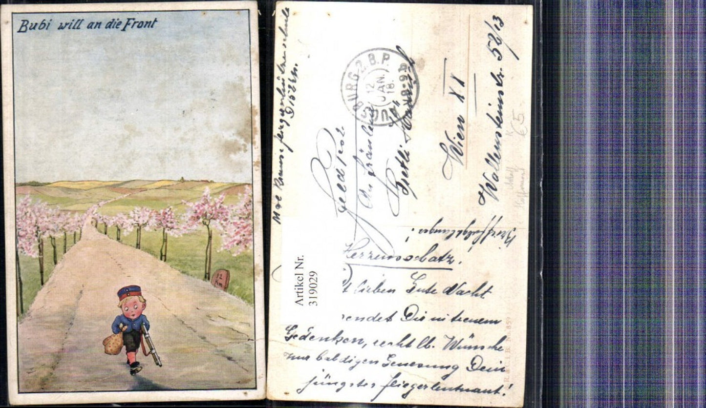 319029,Künstler Ak Adolf Hoffmann Bub Junge Soldat Uniform Straße Bubi will an d. Front