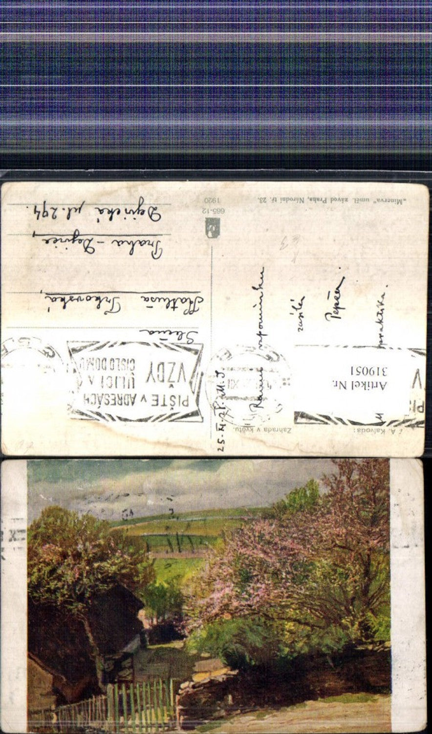 319051,Künstler Ak A. Kalvoda Zahrada v kvetu Haus m. Gartenmauer Tor Landschaft Bäume