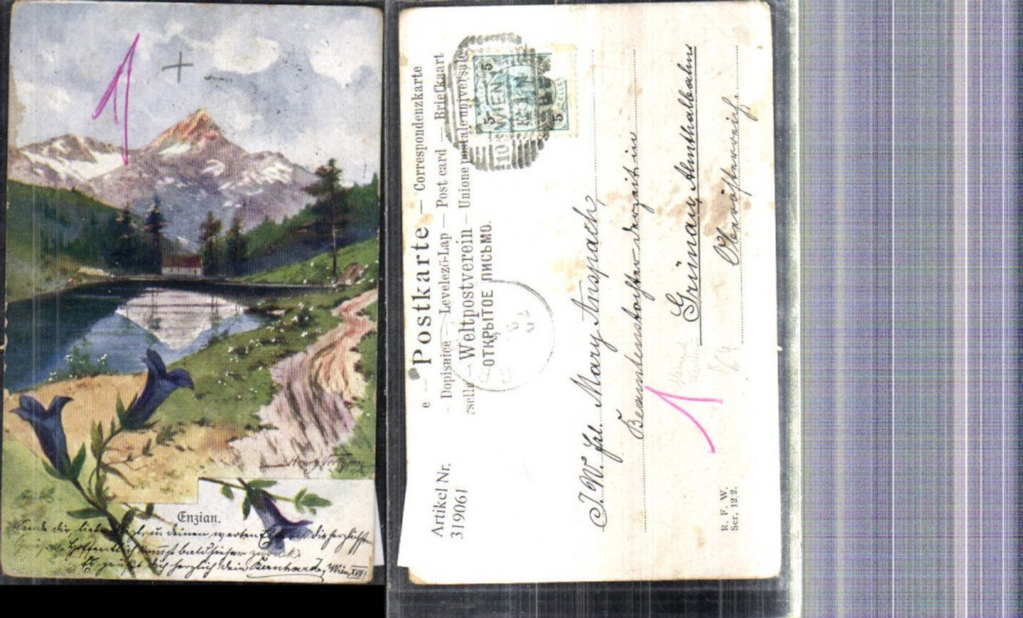 319061,Künstler Ak Heinrich Wertheim Enzian Blumen Alpenflora Bergsee Bergkulisse