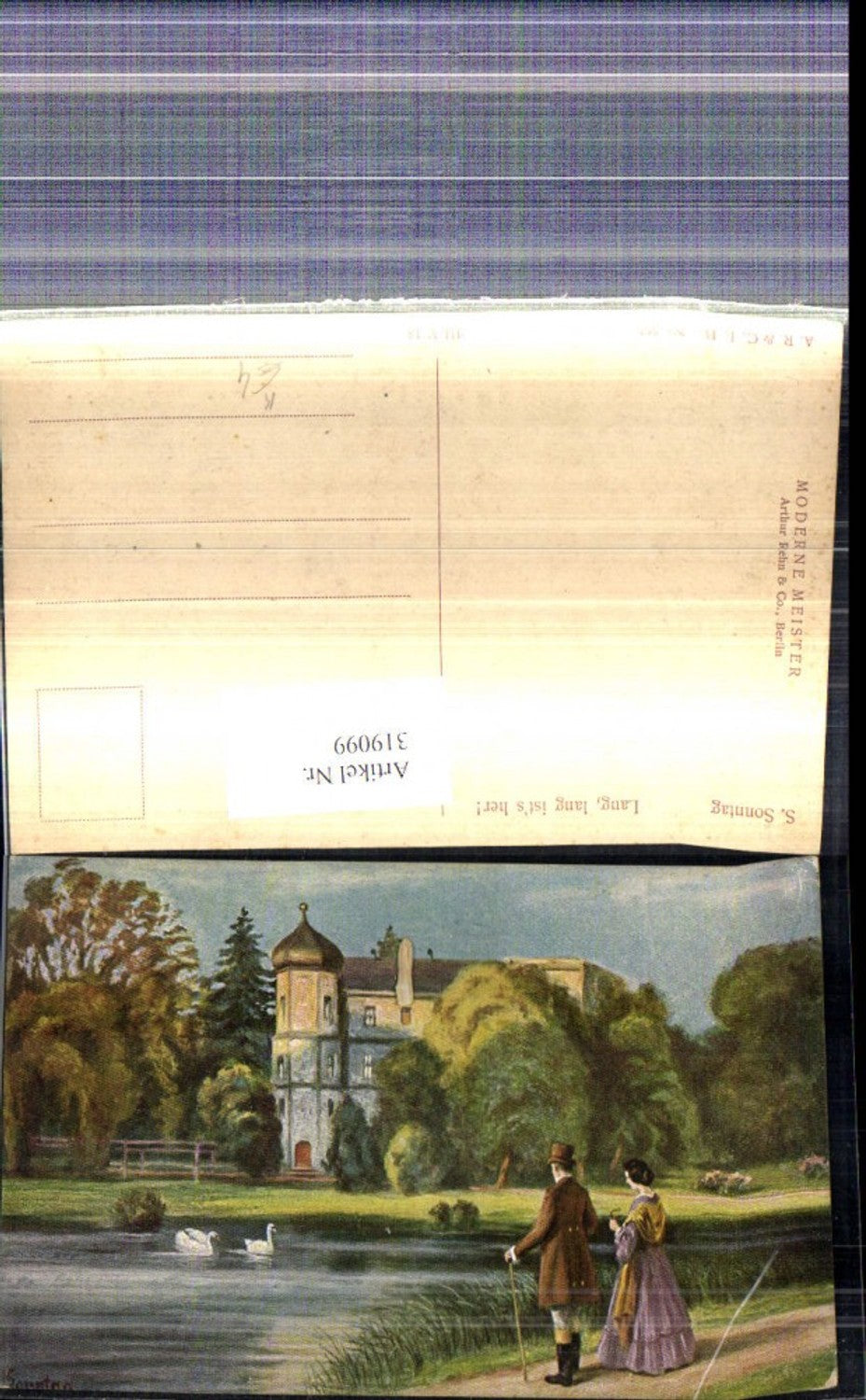 319099,Künstler Ak S. Sonntag Lang lang ist es her Paar Schwäne Teich Schloss